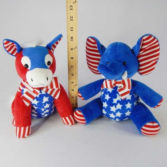 Set 2 Vtg Patriotic Election Mascots Elephant Donkey Plush Stars Stripe Red Blue - Picture 3 of 13